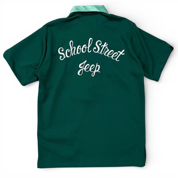 True Vintage Hilton Chainstitch Myrtle School Street Jeep Green Bowling Shirt 38 - Picture 2 of 11